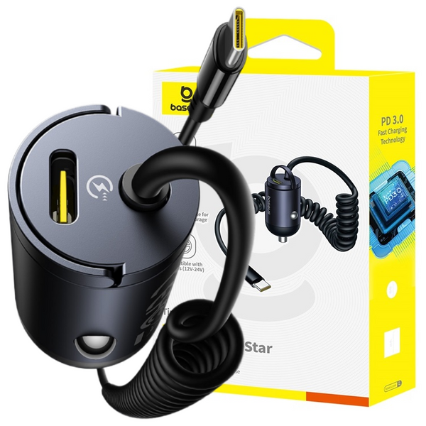 Автомобильное зарядное устройство Baseus Tiny Star 30W c встроенным спиральным кабелем USB-C 0049 фото