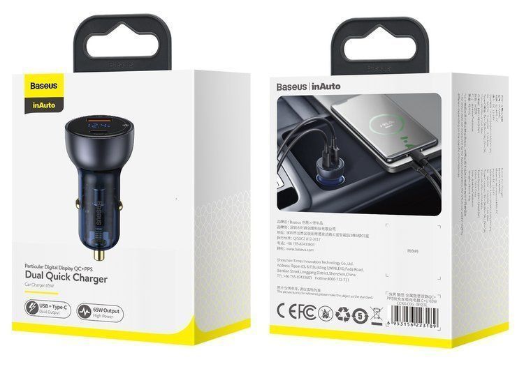 Автомобильное зарядное устройство Baseus Particular 65W USB-A + USB-C + экран LCD 0027 фото